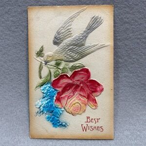 White Dove Red Rose Blue Flowers Best Wishes Embossed c1900s POSTCARD